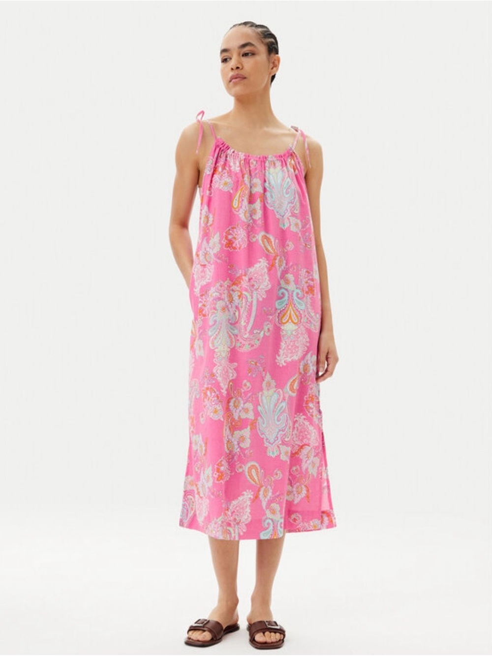 Lauren Ralph Lauren Pink Paisley Tie-Strap Cotton Blend Midi Nightgown Small